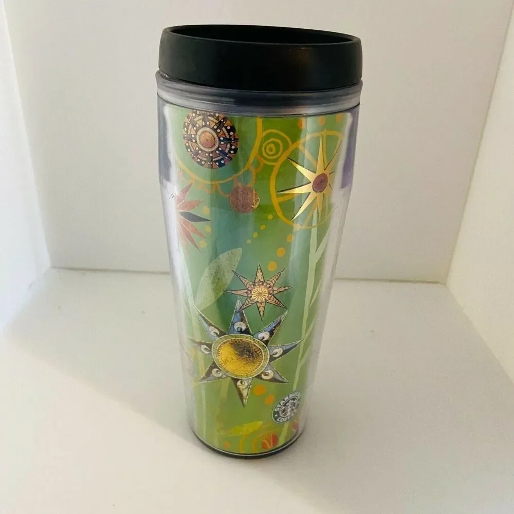 #3471 Starbucks Green Metallic Gold Sun Moon Star Hot Cold Cup Tumbler 16 oz wit